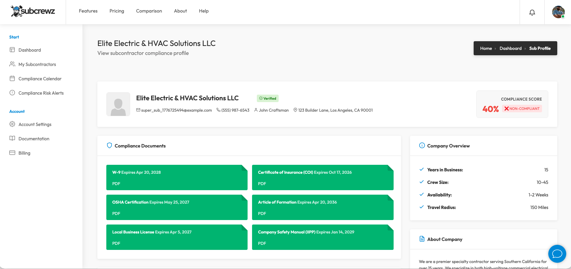 Detailed subcontractor risk profile in the SUBCREWZ GC dashboard
